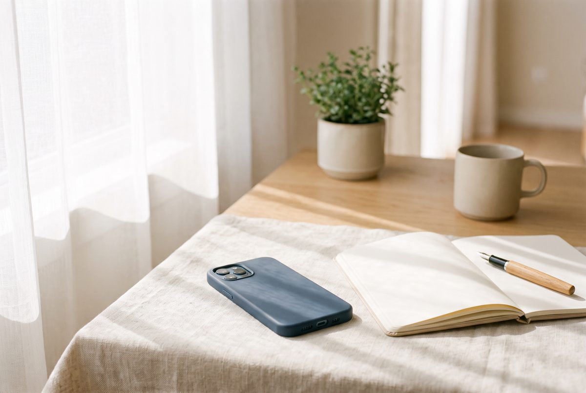 Un teléfono móvil boca abajo junto a un cuaderno abierto en blanco y una pluma, sobre una mesa clara al lado de una ventana.