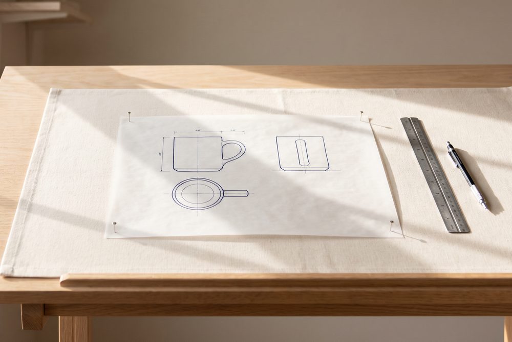 Plano técnico sobre papel vegetal con el alzado, la planta y la sección de una taza trazados en línea azul, sujeto con chinchetas junto a un escalímetro de acero y un portaminas.