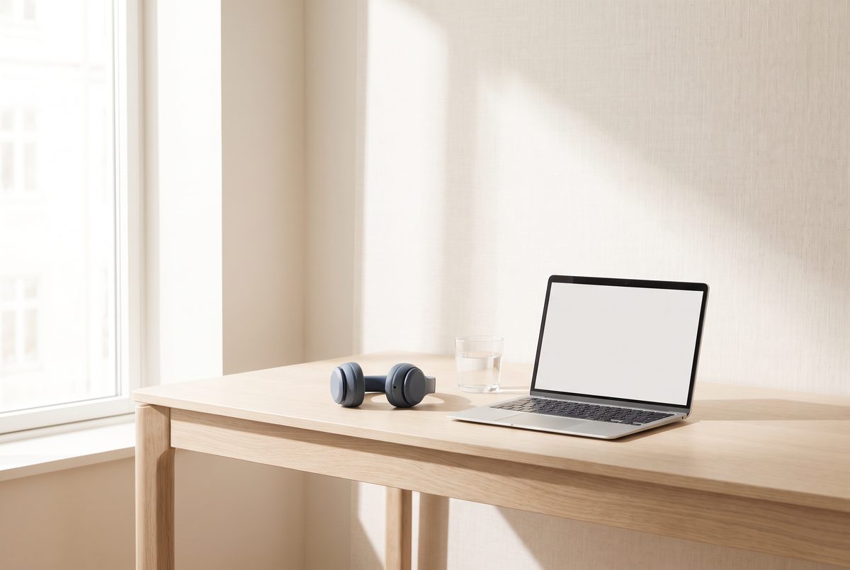 Escritorio despejado con un portátil abierto, unos auriculares de diadema y un vaso de agua, en una habitación luminosa.